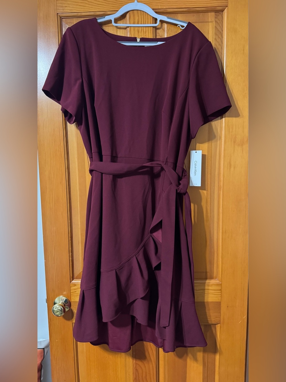 Calvin Klein Burgundy Short Sleeve Ruffled Wrap Dress